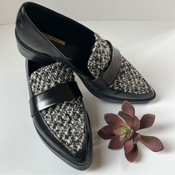 Zara Houndstooth Paton Black White Vegan Preppy Leather Loafer EU38 / US 7.5 - Picture 4 of 16